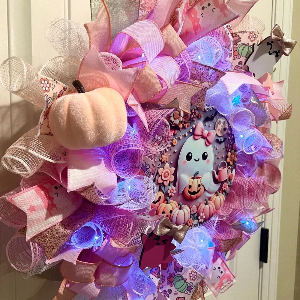 Back in Stock! Handmade 22” Pink Halloween Wreath Ghost Pumpkins LED Lights W17